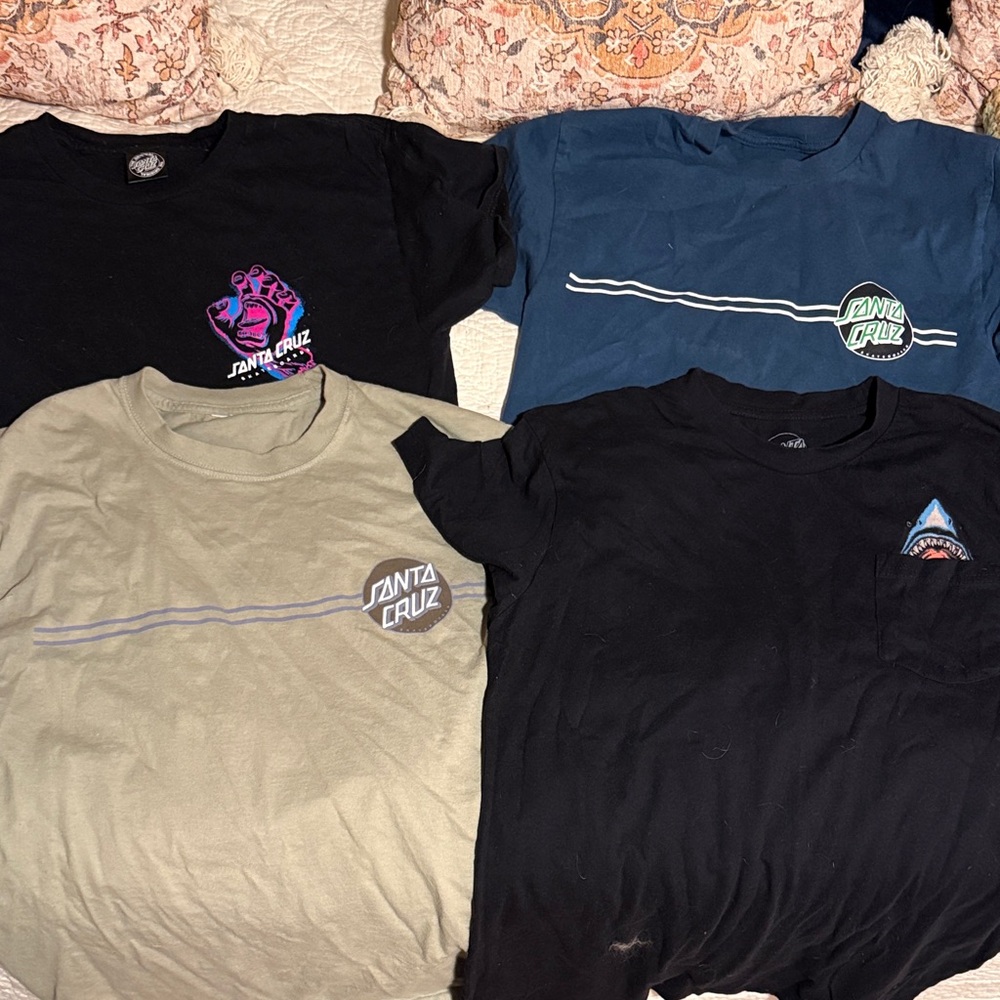 Santa Cruz Skateboards Graphic T-Shirts in Black, Blue, and Tan